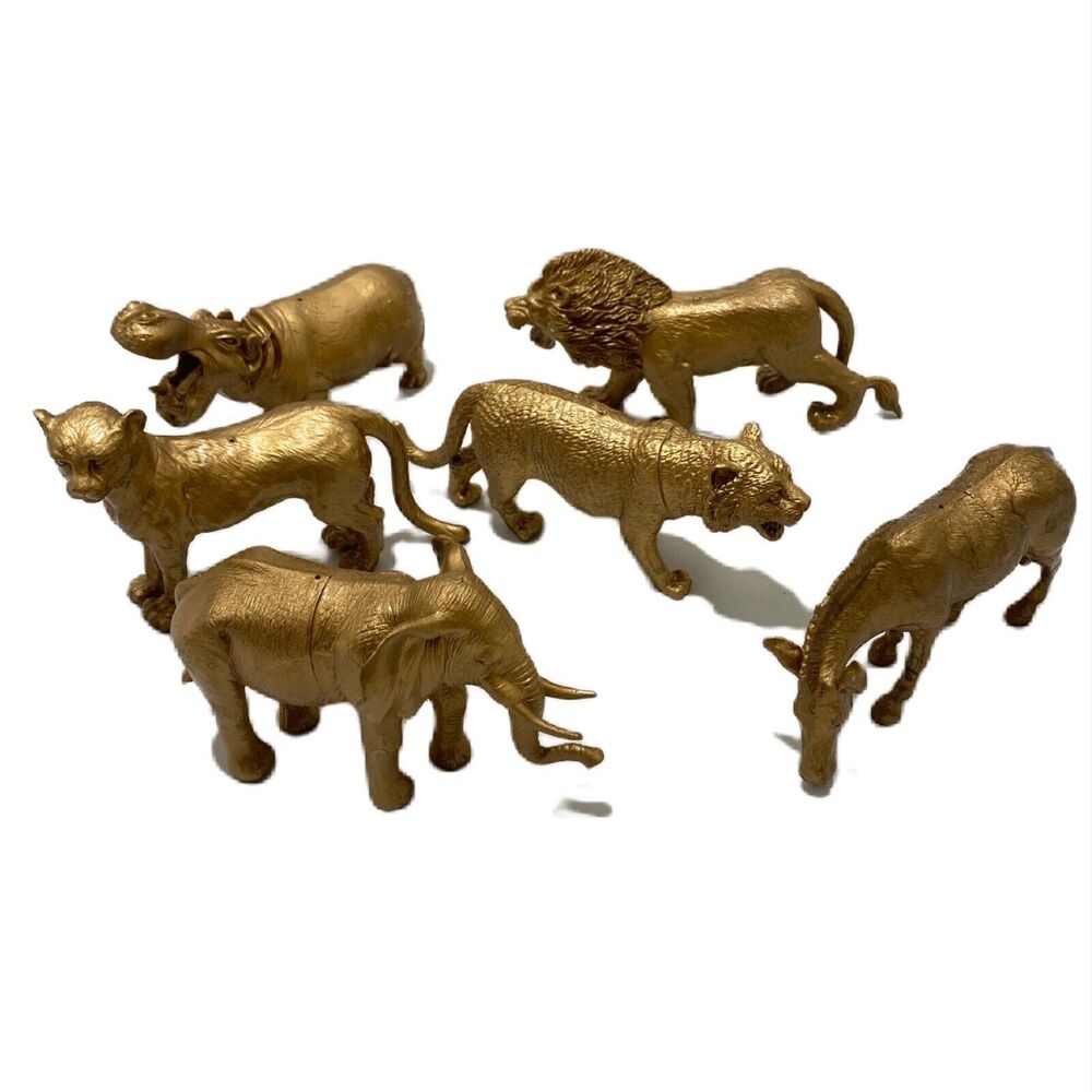 Jungle Safari Animals Set Metalic Gold Plastic 6 Piece Lot Average 5 In X 3 In